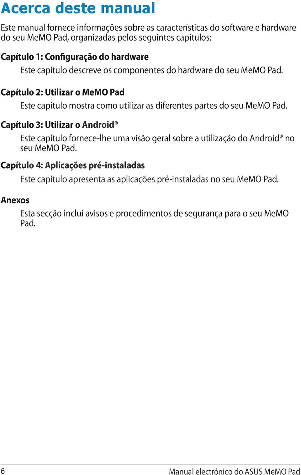 Capítulo 2: Utilizar o MeMO Pad Este capítulo mostra como utilizar as diferentes partes do seu MeMO Pad.