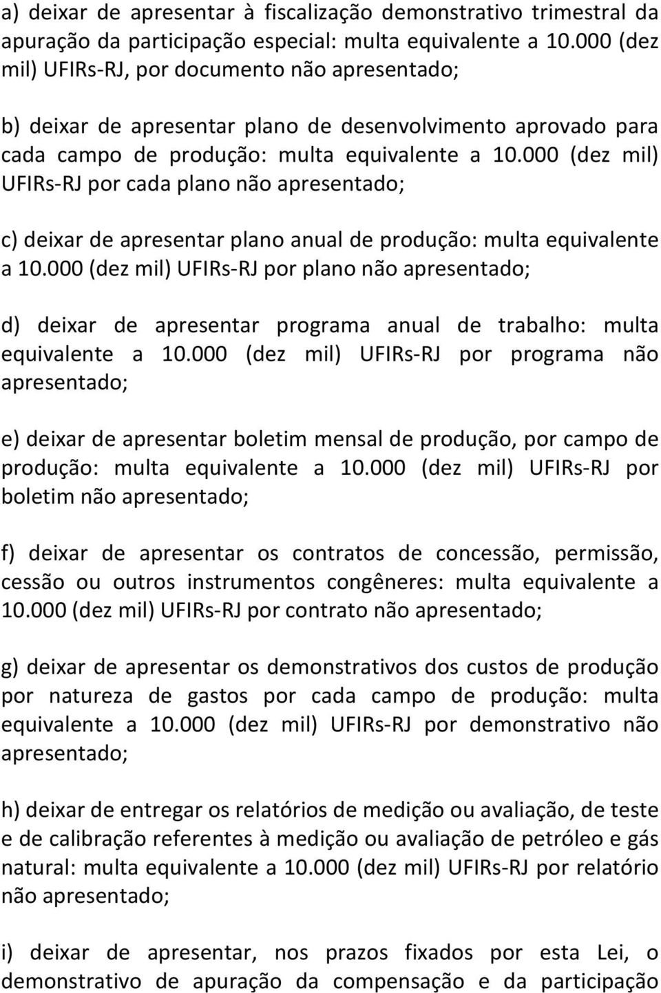 000 (dez mil) UFIRs-RJ por cada plano não apresentado; c) deixar de apresentar plano anual de produção: multa equivalente a 10.