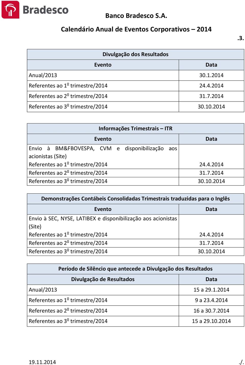 7.2014 Referentes ao 3 o trimestre/2014 30.10.