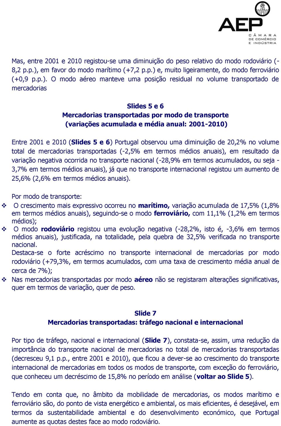 e, muito ligeiramente, do modo ferroviário (+0,9 p.p.).