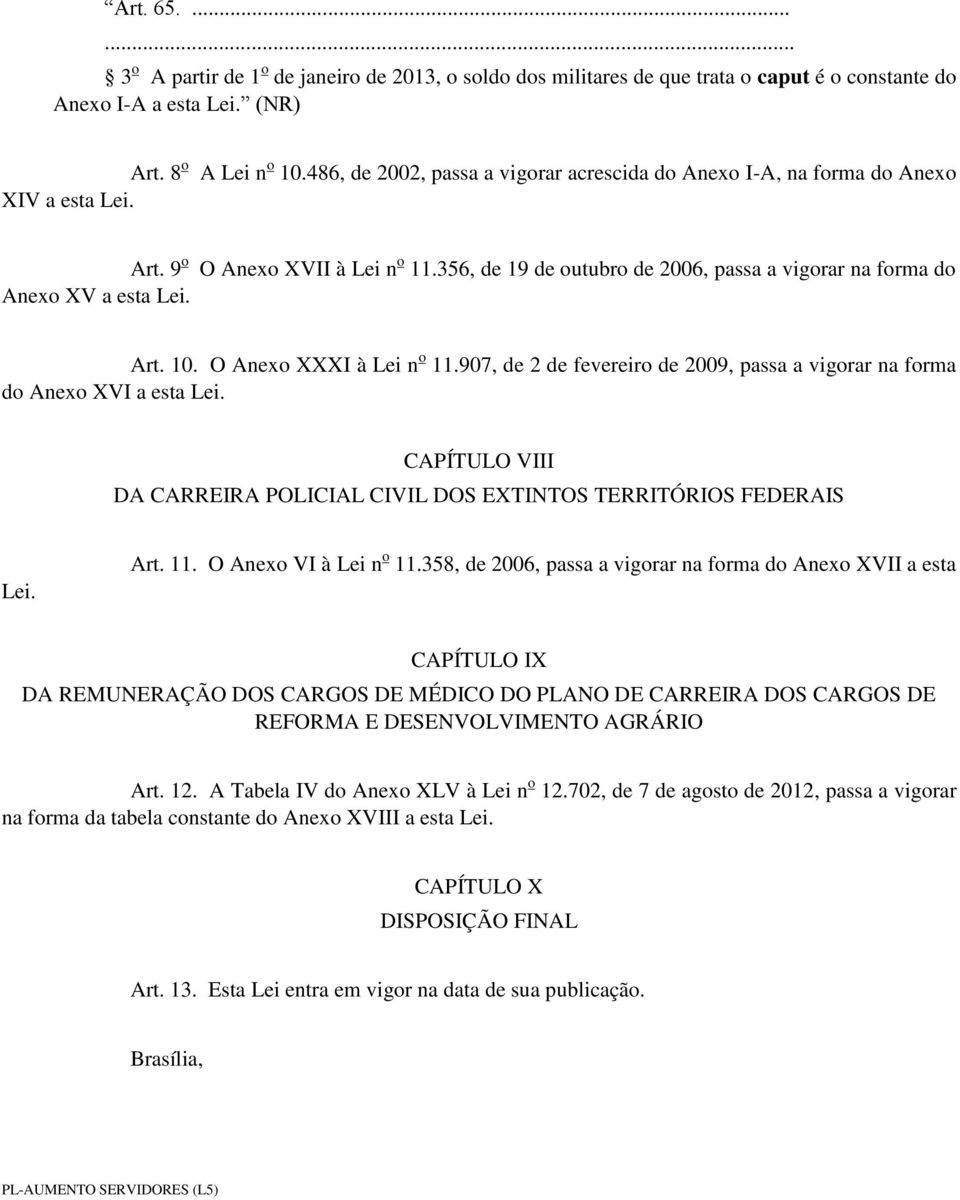 O nexo XXXI à Lei n o 11.907, de 2 de fevereiro de 2009, passa a vigorar na forma do nexo XVI a esta Lei. CPÍTULO VIII D CRREIR POLICIL CIVIL DOS EXTINTOS TERRITÓRIOS FEDERIS Lei. rt. 11. O nexo VI à Lei n o 11.