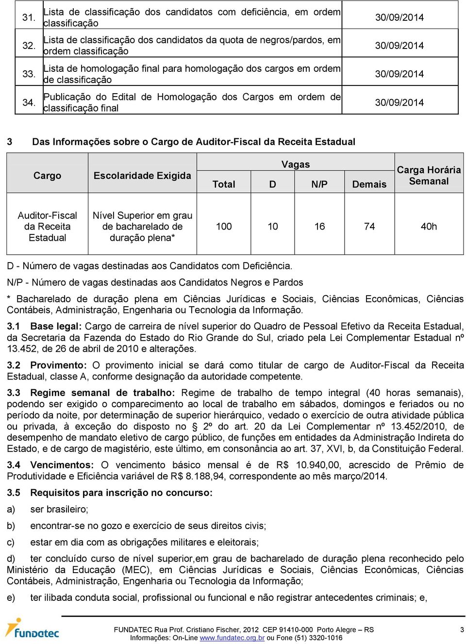 homologação dos cargos em ordem de classificação Publicação do Edital de Homologação dos Cargos em ordem de classificação final 30/09/2014 30/09/2014 30/09/2014 30/09/2014 3 Das Informações sobre o