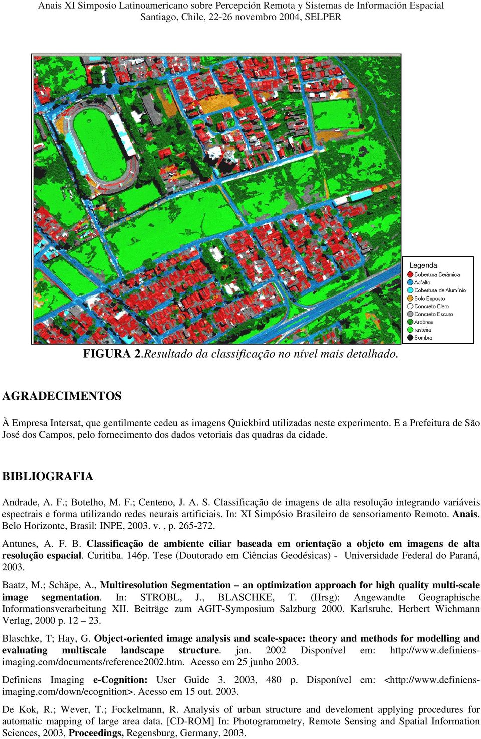 In: XI Simpósio Brasileiro de sensoriamento Remoto. Anais. Belo Horizonte, Brasil: INPE, 2003. v., p. 265-272. Antunes, A. F. B. Classificação de ambiente ciliar baseada em orientação a objeto em imagens de alta resolução espacial.