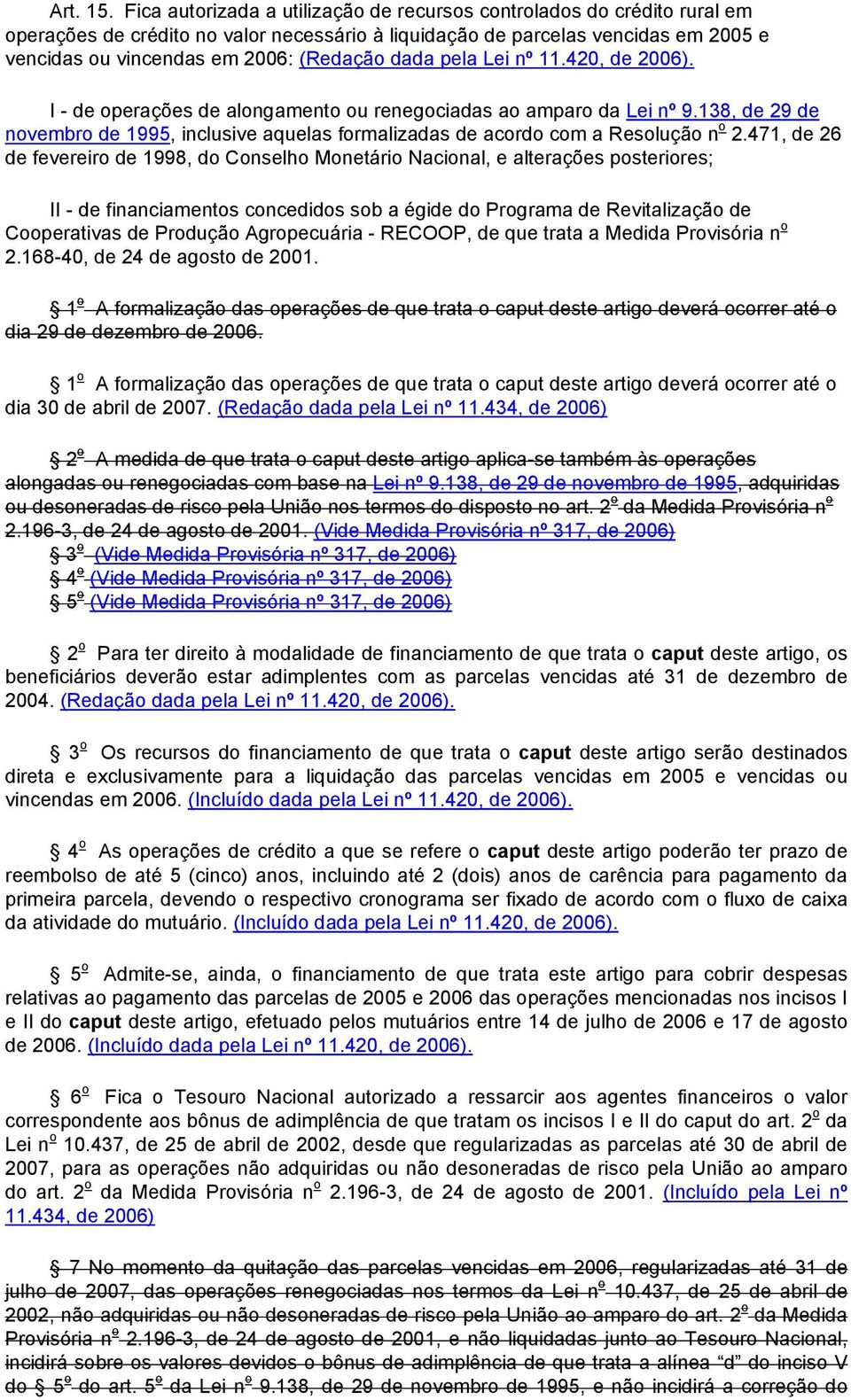 dada pela Lei nº 11.420, de 2006). I - de operações de alongamento ou renegociadas ao amparo da Lei nº 9.138, de 29 de novembro de 1995, inclusive aquelas formalizadas de acordo com a Resolução n o 2.