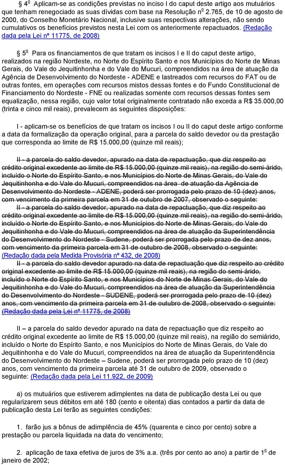 (Redação dada pela Lei nº 11775, de 2008) 5 o Para os financiamentos de que tratam os incisos I e II do caput deste artigo, realizados na região Nordeste, no Norte do Espírito Santo e nos Municípios