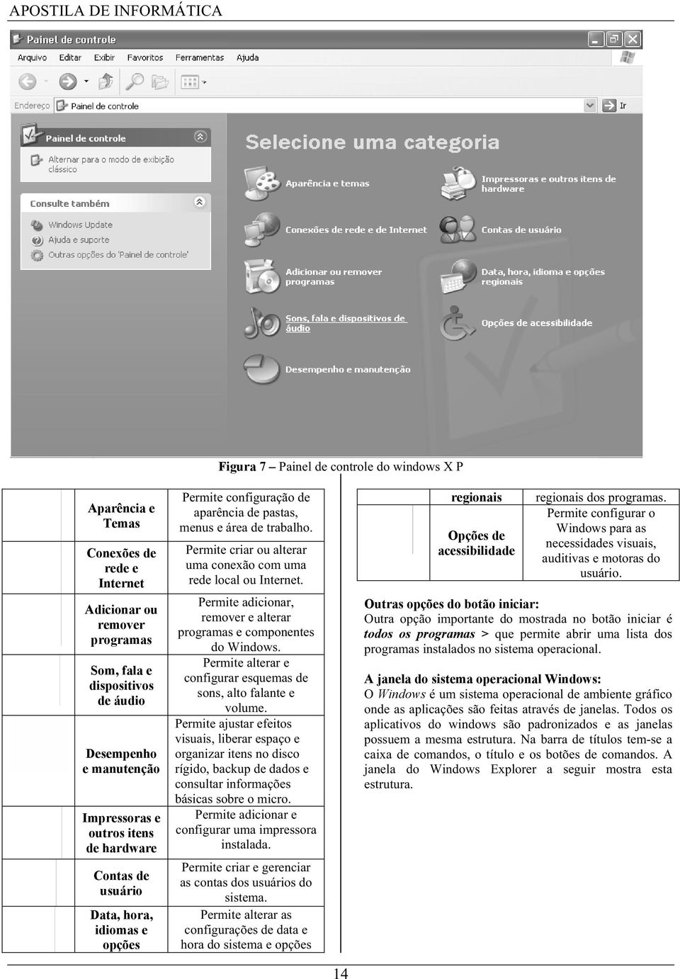 Permite criar ou alterar uma conexão com uma rede local ou Internet. Permite adicionar, remover e alterar programas e componentes do Windows.