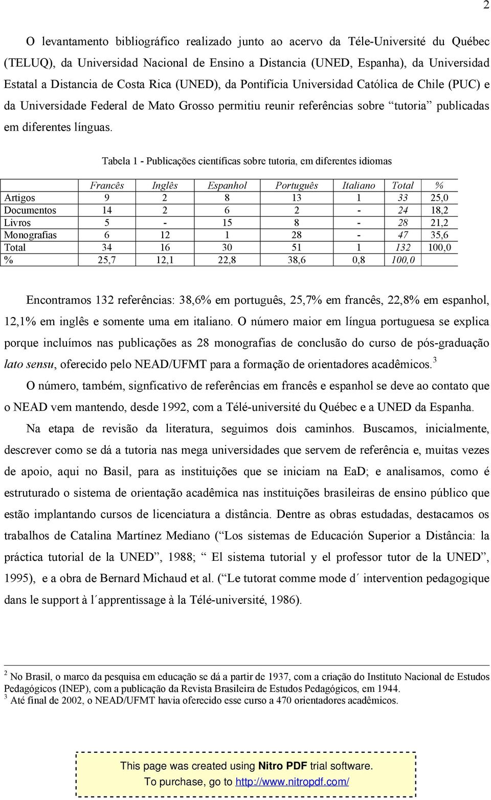 Tabela 1 - Publicações científicas sobre tutoria, em diferentes idiomas Francês Inglês Espanhol Português Italiano Total % Artigos 9 2 8 13 1 33 25,0 Documentos 14 2 6 2-24 18,2 Livros 5-15 8-28 21,2