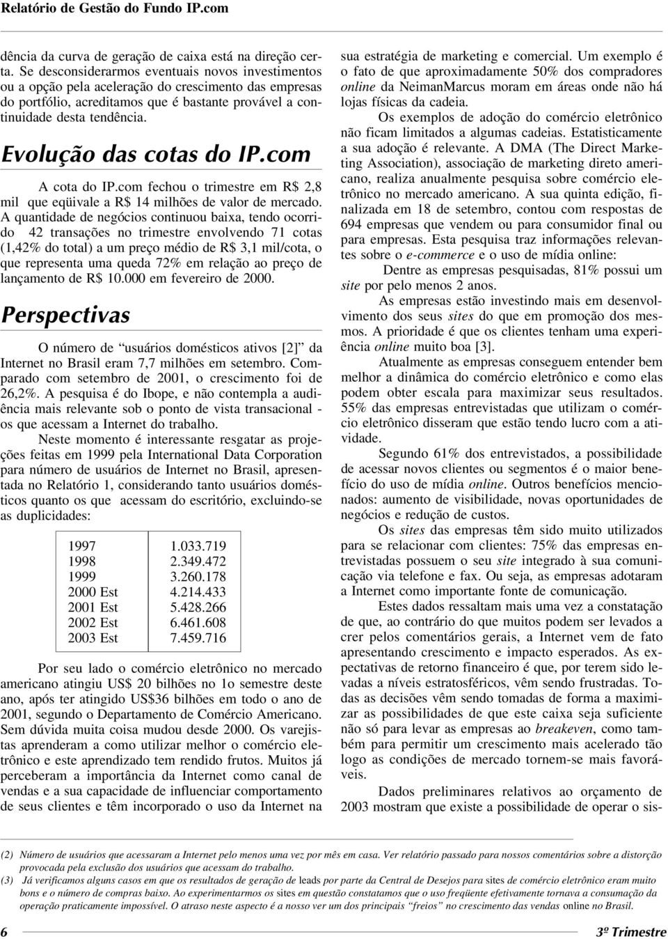 Evolução das cotas do IP.com A cota do IP.com fechou o trimestre em R$ 2,8 mil que eqüivale a R$ 14 milhões de valor de mercado.