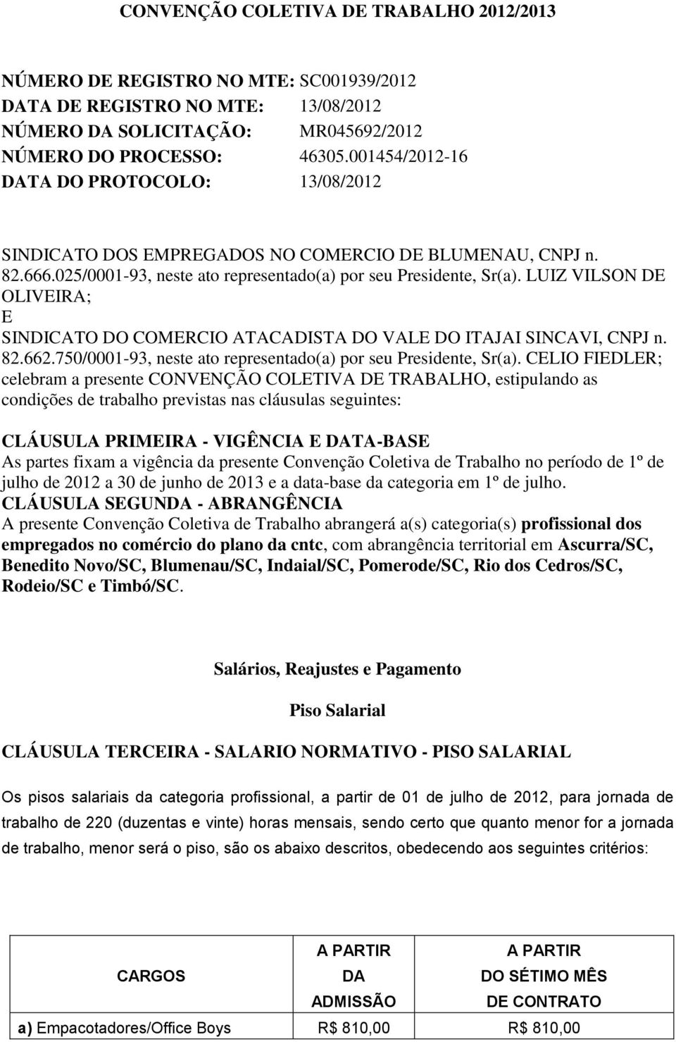 LUIZ VILSON DE OLIVEIRA; E SINDICATO DO COMERCIO ATACADISTA DO VALE DO ITAJAI SINCAVI, CNPJ n. 82.662.750/0001-93, neste ato representado(a) por seu Presidente, Sr(a).