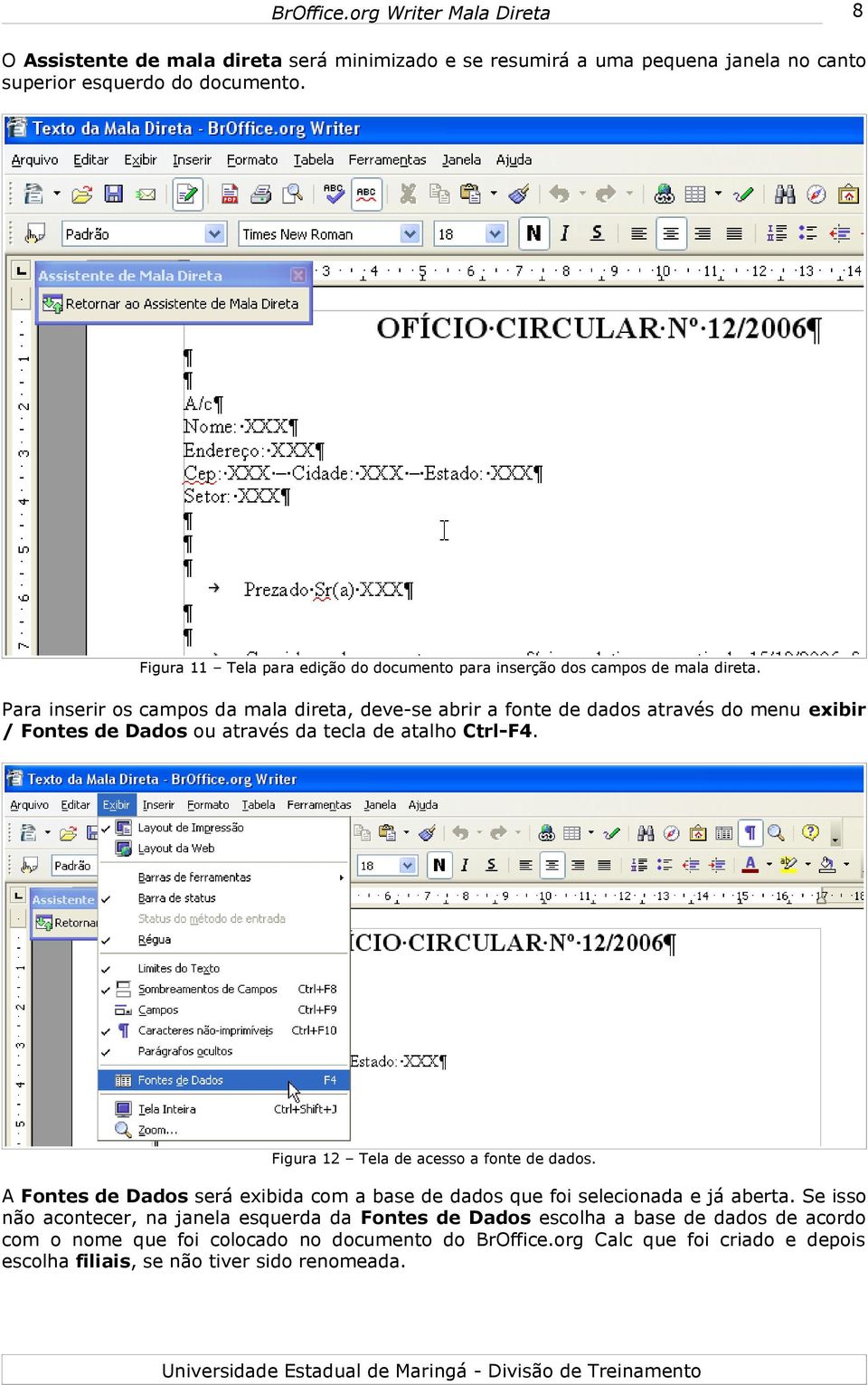 Para inserir os campos da mala direta, deve-se abrir a fonte de dados através do menu exibir / Fontes de Dados ou através da tecla de atalho Ctrl-F4.