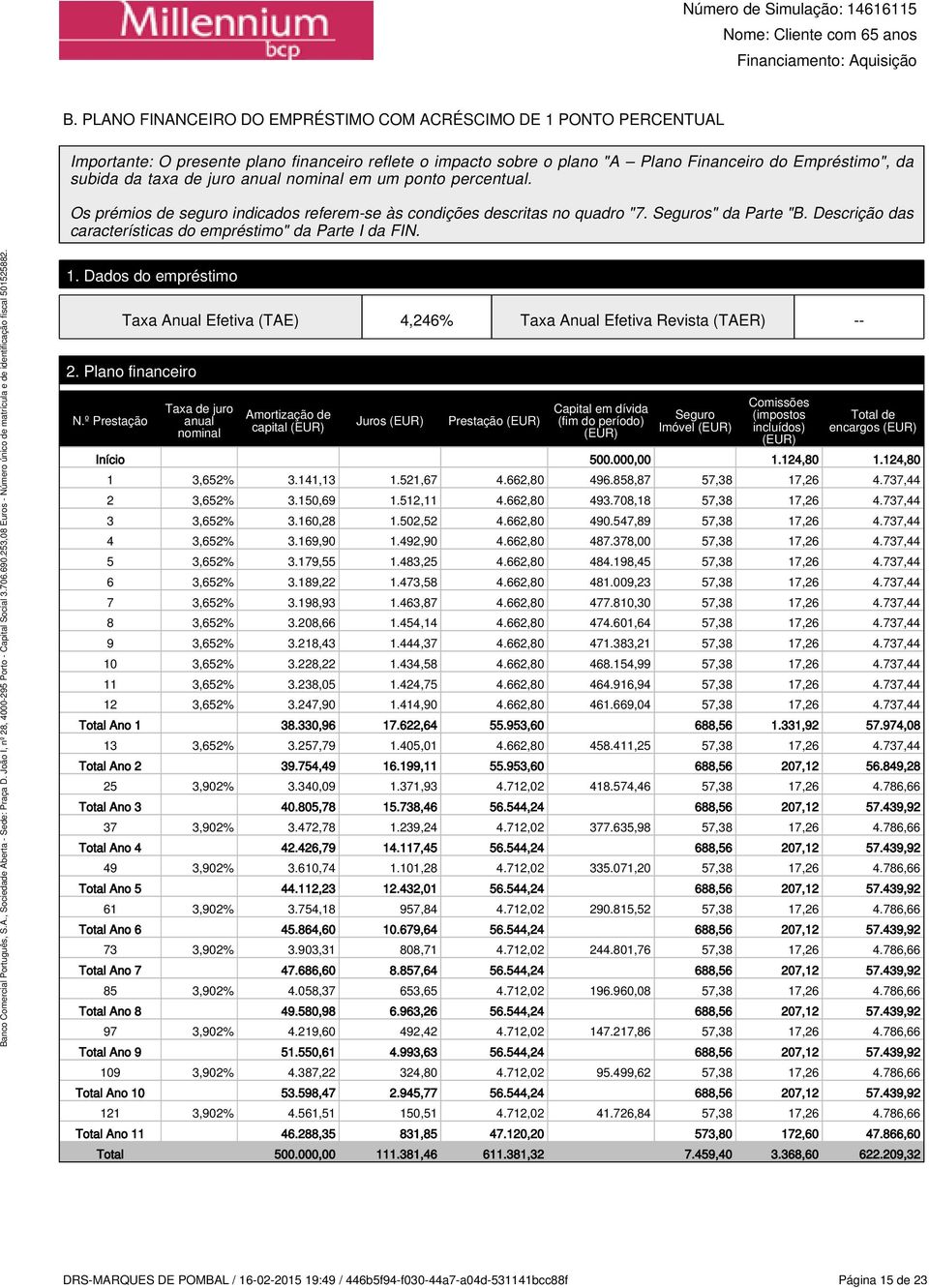 Descrição das características do empréstimo" da Parte I da FIN. 1. Dados do empréstimo Taxa Anual Efetiva (TAE) 4,246% Taxa Anual Efetiva Revista (TAER) -- 2. Plano financeiro N.