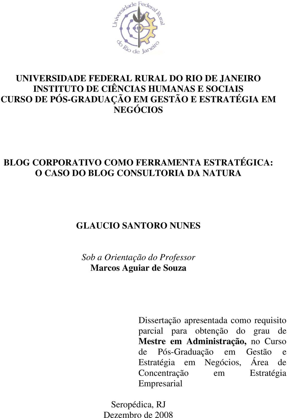 Professor Marcos Aguiar de Souza Dissertação apresentada como requisito parcial para obtenção do grau de Mestre em Administração, no