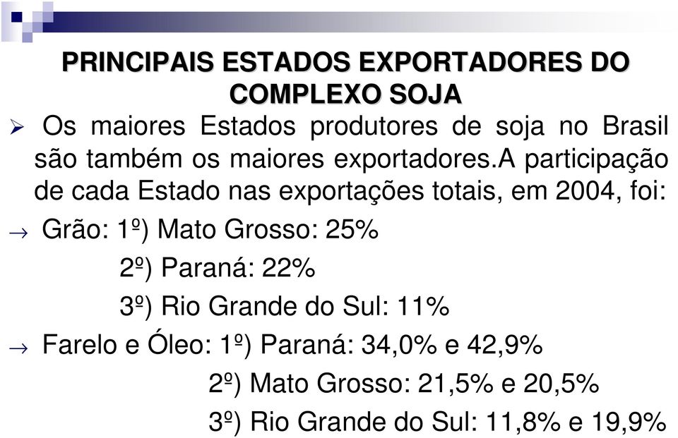 a participação de cada Estado nas exportações totais, em 2004, foi: Grão: 1º) Mato Grosso: 25%