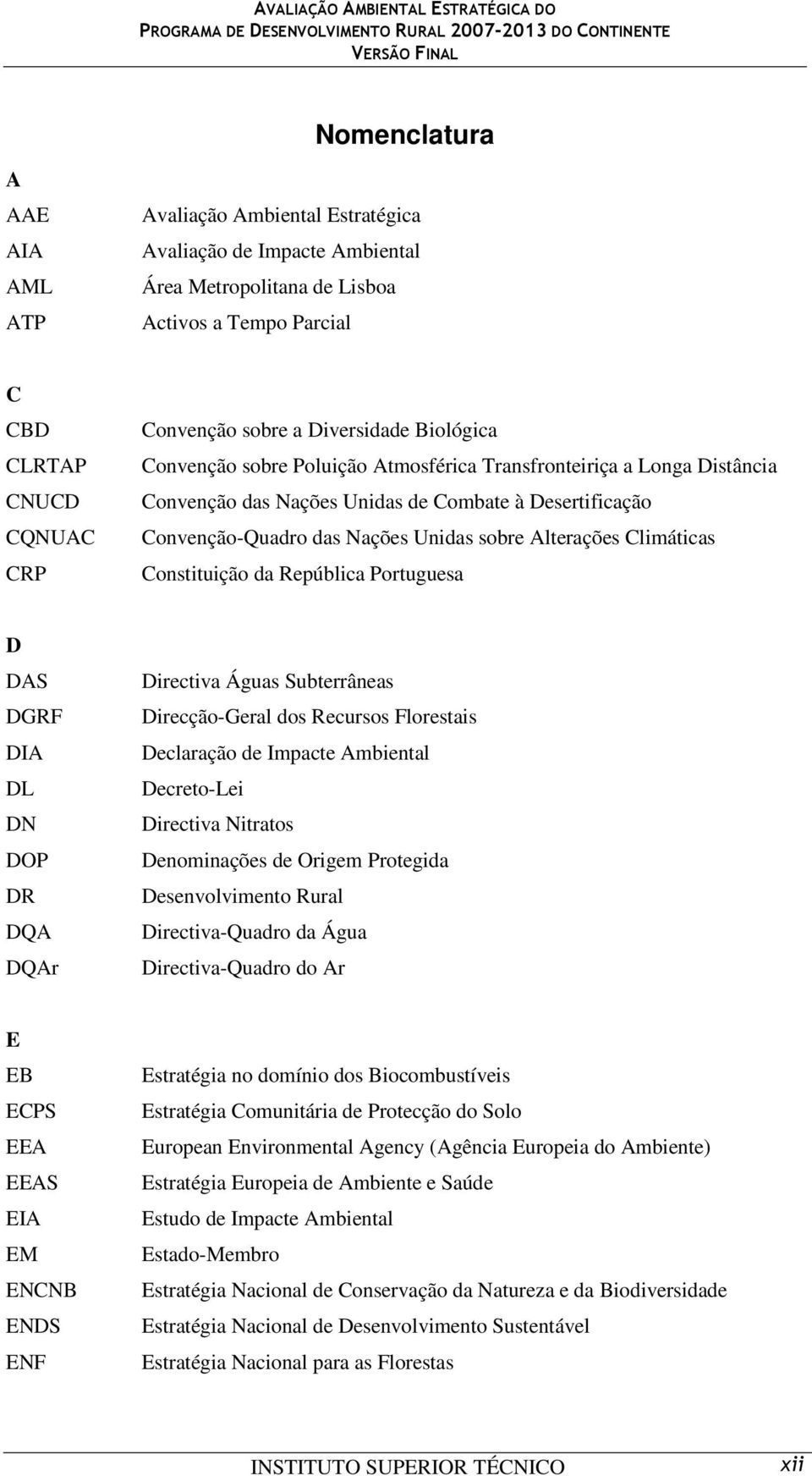 Alterações Climáticas Constituição da República Portuguesa D DAS DGRF DIA DL DN DOP DR DQA DQAr Directiva Águas Subterrâneas Direcção-Geral dos Recursos Florestais Declaração de Impacte Ambiental