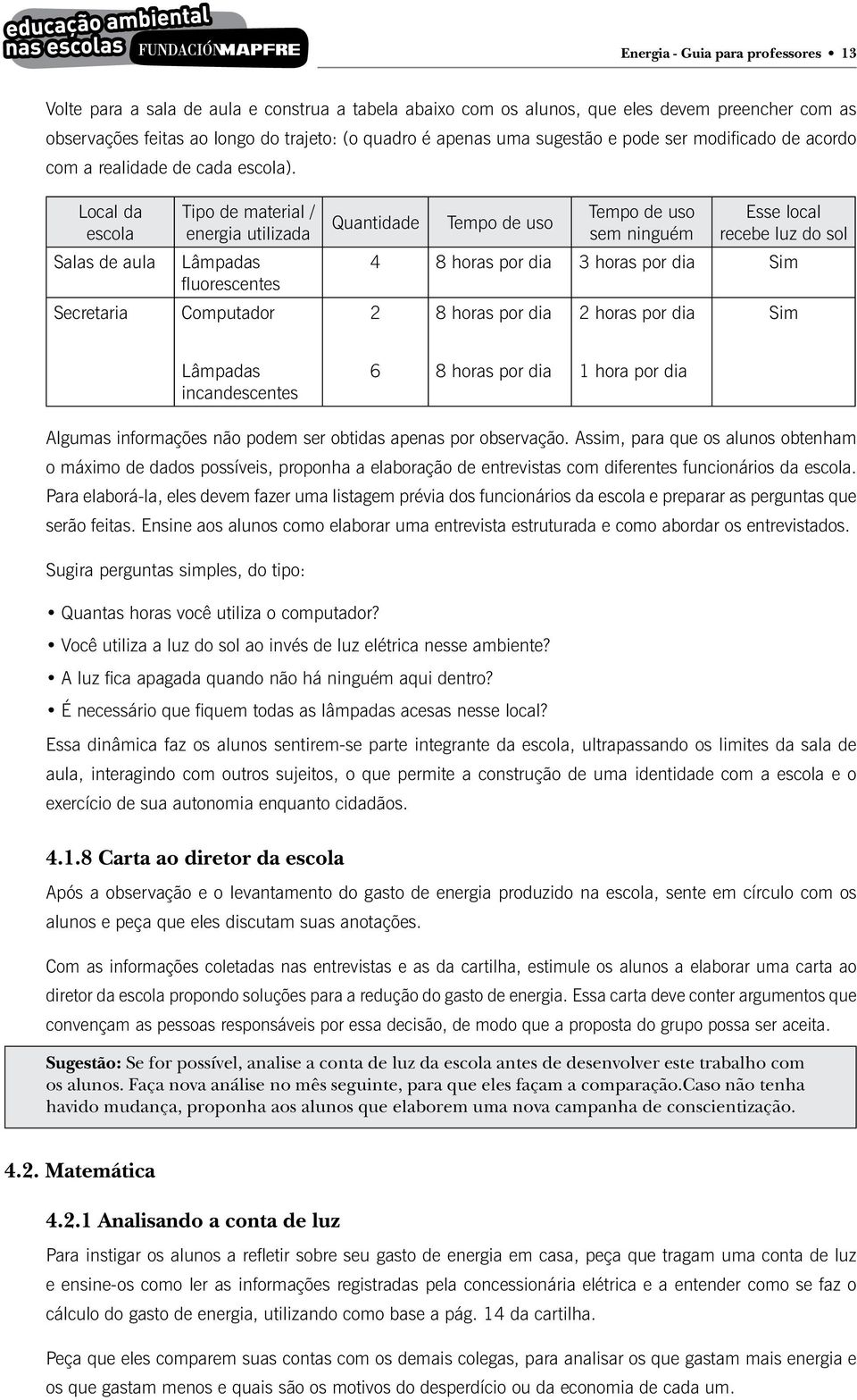 Local da escola Salas de aula Secretaria Tipo de material / energia utilizada Lâmpadas fluorescentes Computador Quantidade Tempo de uso Tempo de uso sem ninguém Esse local recebe luz do sol 4 8 horas