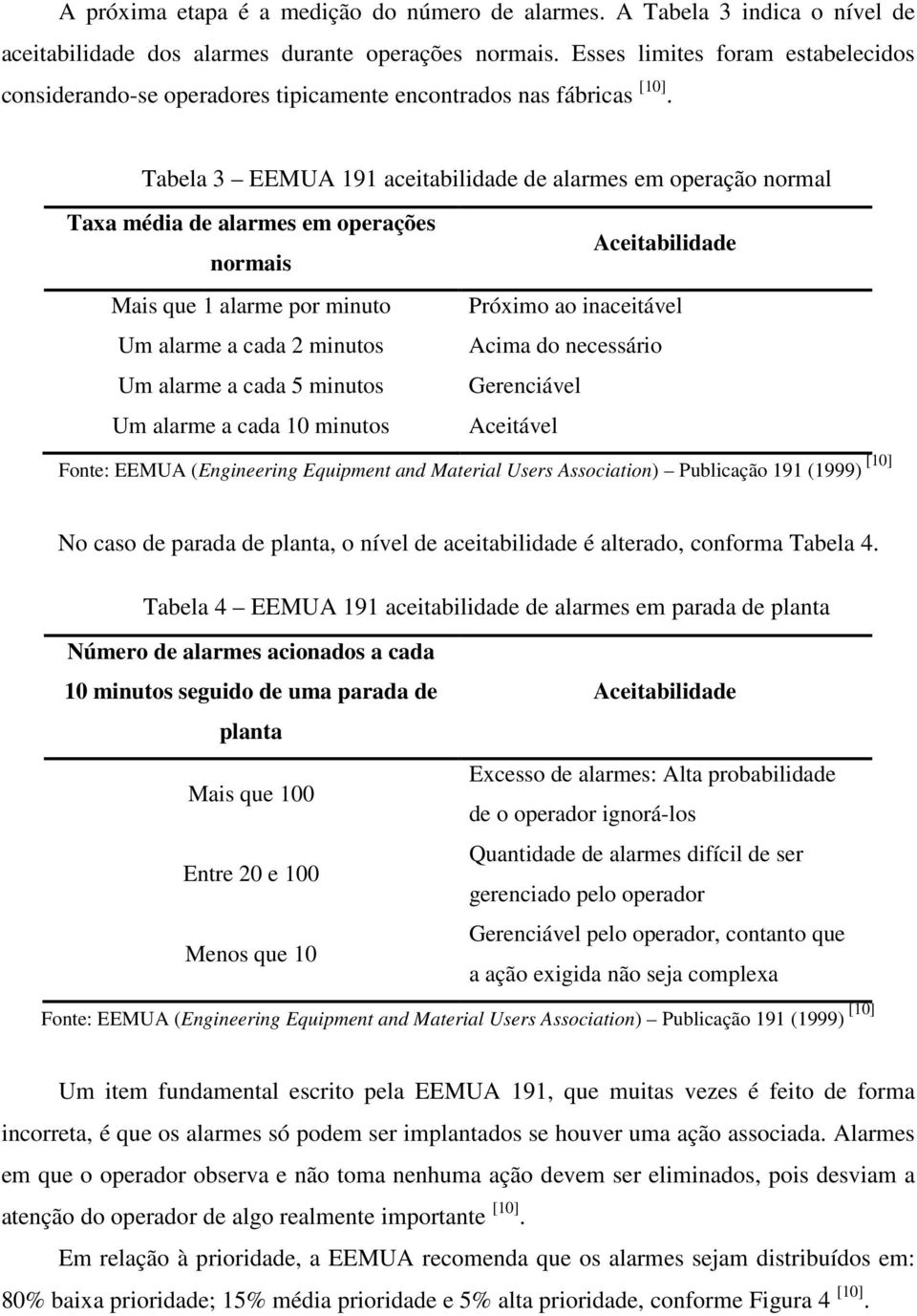 Tabela 3 EEMUA 191 aceitabilidade de alarmes em operação normal Taxa média de alarmes em operações normais Aceitabilidade Mais que 1 alarme por minuto Próximo ao inaceitável Um alarme a cada 2