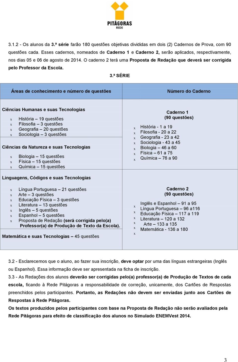 O caderno 2 terá uma Proposta de Redação que deverá ser corrigida pelo Professor da Escola. 3.