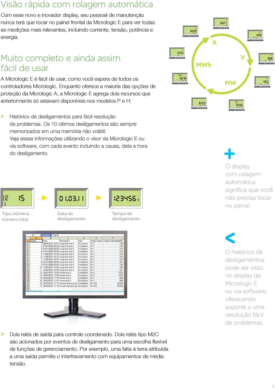 Enquanto oferece a maioria das opções de proteção da Micrologic A, a Micrologic E agrega dois recursos que anteriormente só estavam disponíveis nos modelos P e H: MWh MW MW V > Histórico de