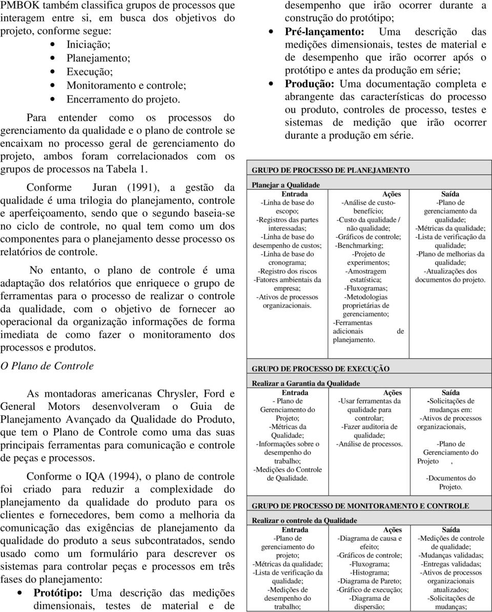 Para entender como os processos do gerenciamento da qualidade e o plano de controle se encaixam no processo geral de gerenciamento do projeto, ambos foram correlacionados com os grupos de processos