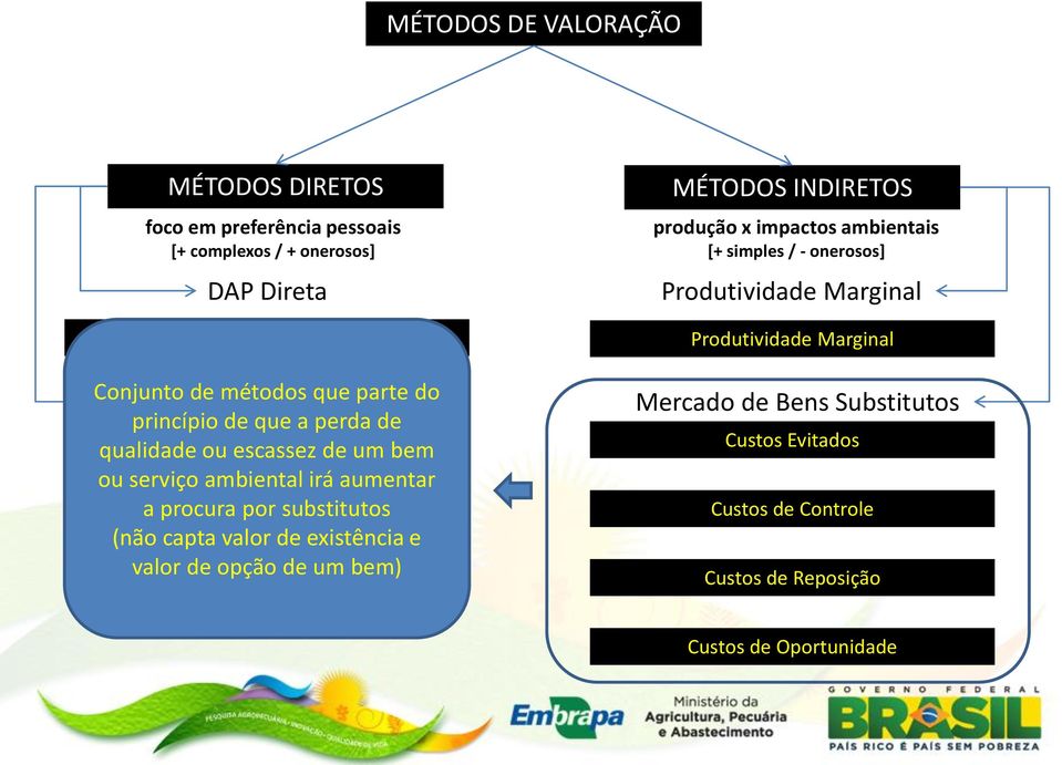 irá aumentar a procura Custos por de Viagem substitutos (não capta valor de existência e valor de opção de um bem) MÉTODOS INDIRETOS produção x