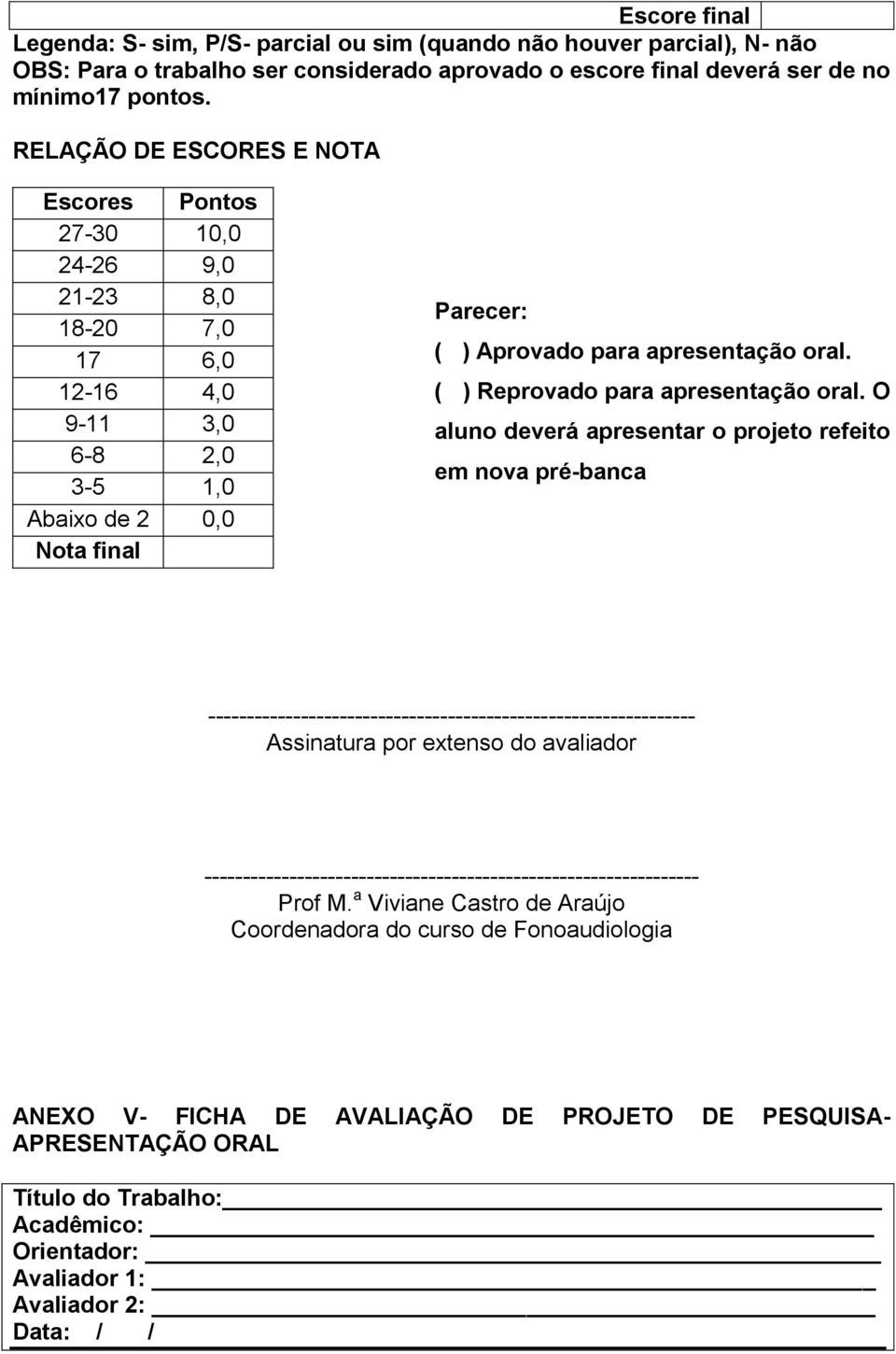 ( ) Reprovado para apresentação oral.