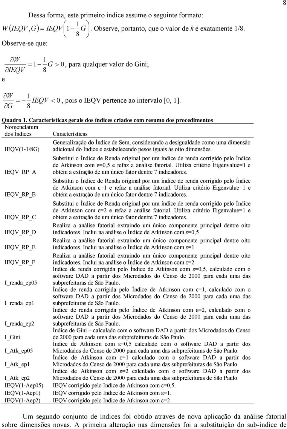 Características gerais dos índices criados com resumo dos procedimentos Nomenclatura dos Índices Características Generalização do Índice de Sem, considerando a desigualdade como uma dimensão