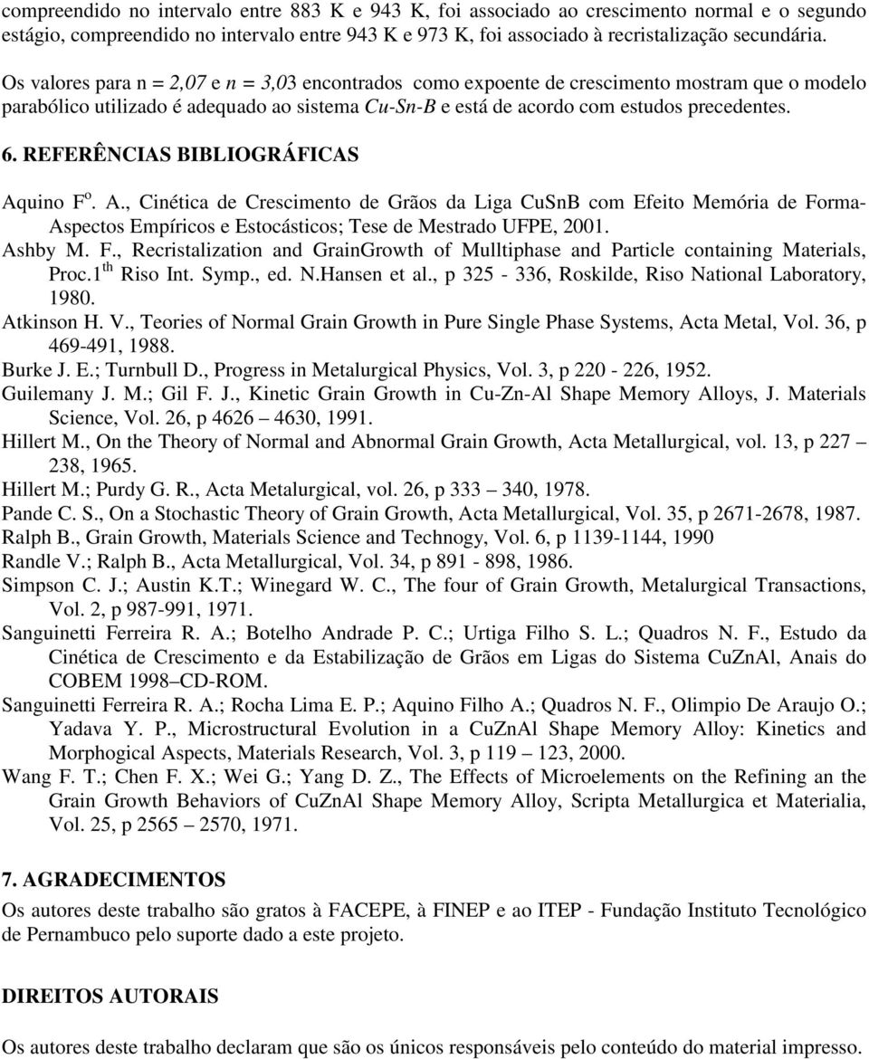 REFERÊNCIAS BIBLIOGRÁFICAS Aquino F o. A., Cinética de Crescimento de Grãos da Liga CuSnB com Efeito Memória de Forma- Aspectos Empíricos e Estocásticos; Tese de Mestrado UFPE, 2001. Ashby M. F., Recristalization and GrainGrowth of Mulltiphase and Particle containing Materials, Proc.