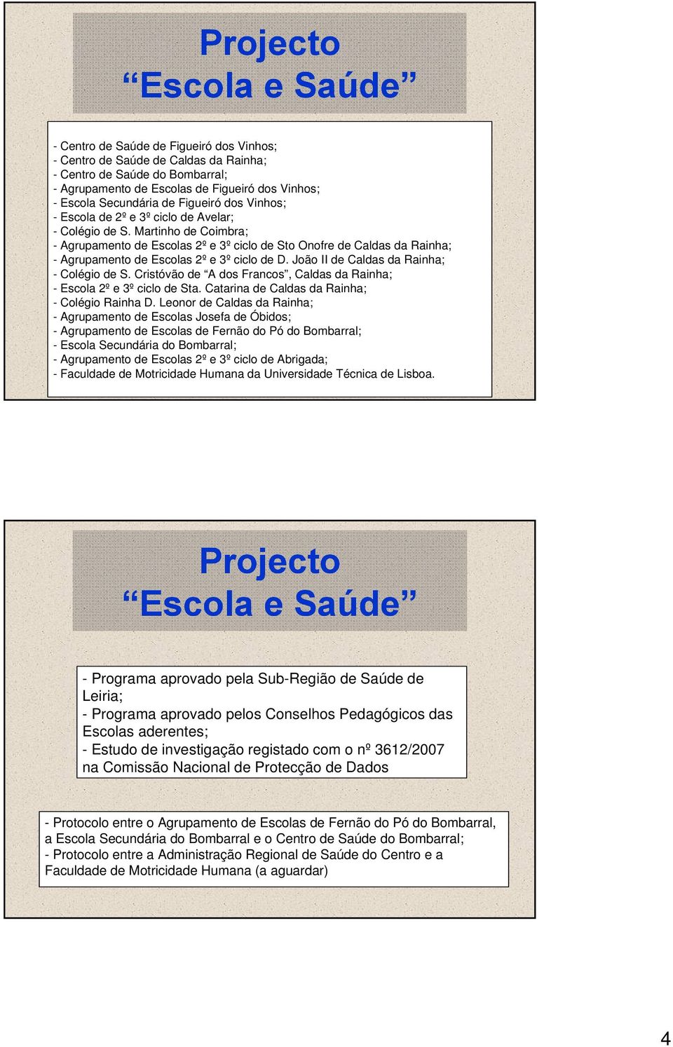 Martinho de Coimbra; - Agrupamento de Escolas 2º e 3º ciclo de Sto Onofre de Caldas da Rainha; - Agrupamento de Escolas 2º e 3º ciclo de D. João II de Caldas da Rainha; - Colégio de S.