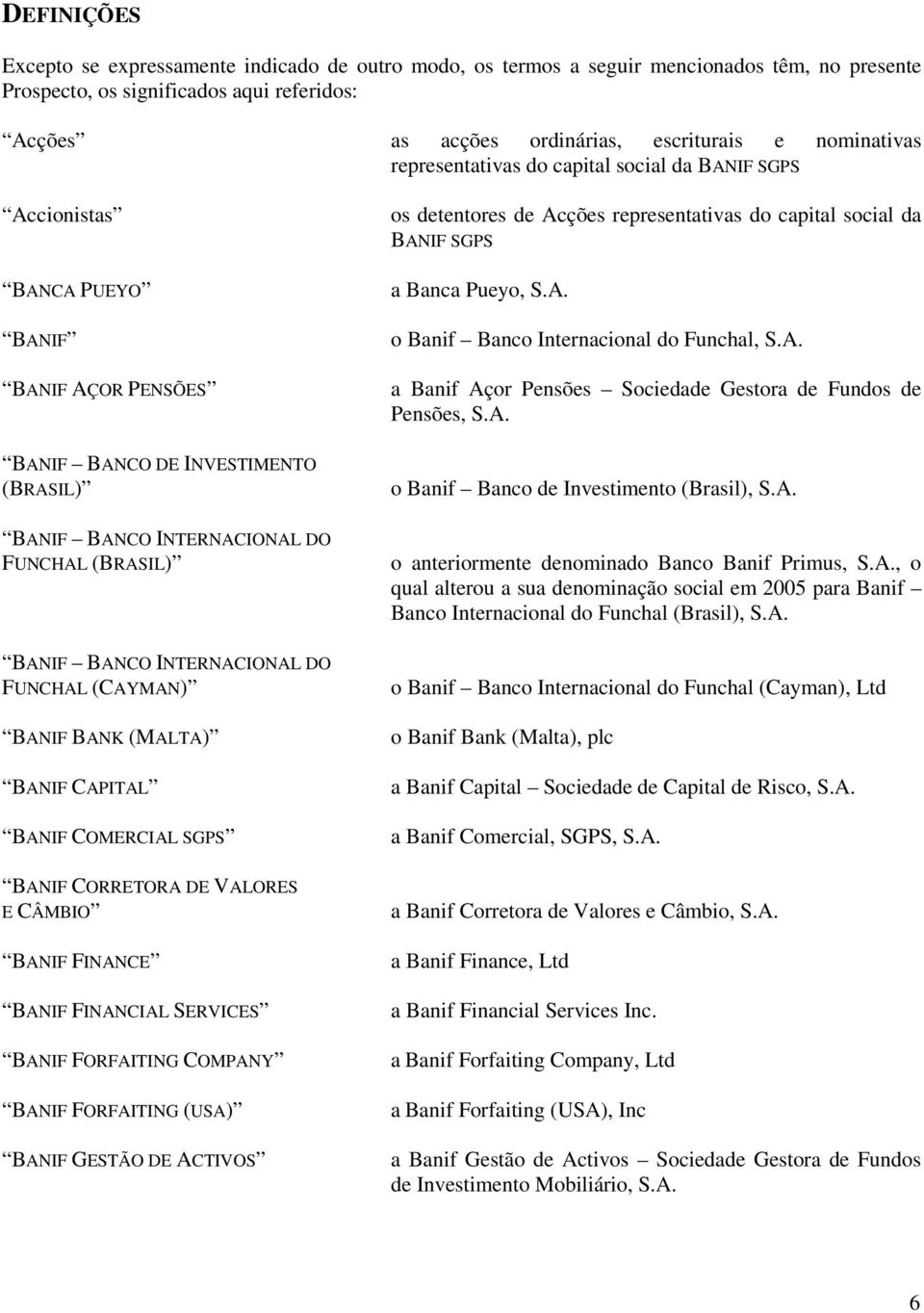 BANCO INTERNACIONAL DO FUNCHAL (CAYMAN) BANIF BANK (MALTA) BANIF CAPITAL BANIF COMERCIAL SGPS BANIF CORRETORA DE VALORES E CÂMBIO BANIF FINANCE BANIF FINANCIAL SERVICES BANIF FORFAITING COMPANY BANIF