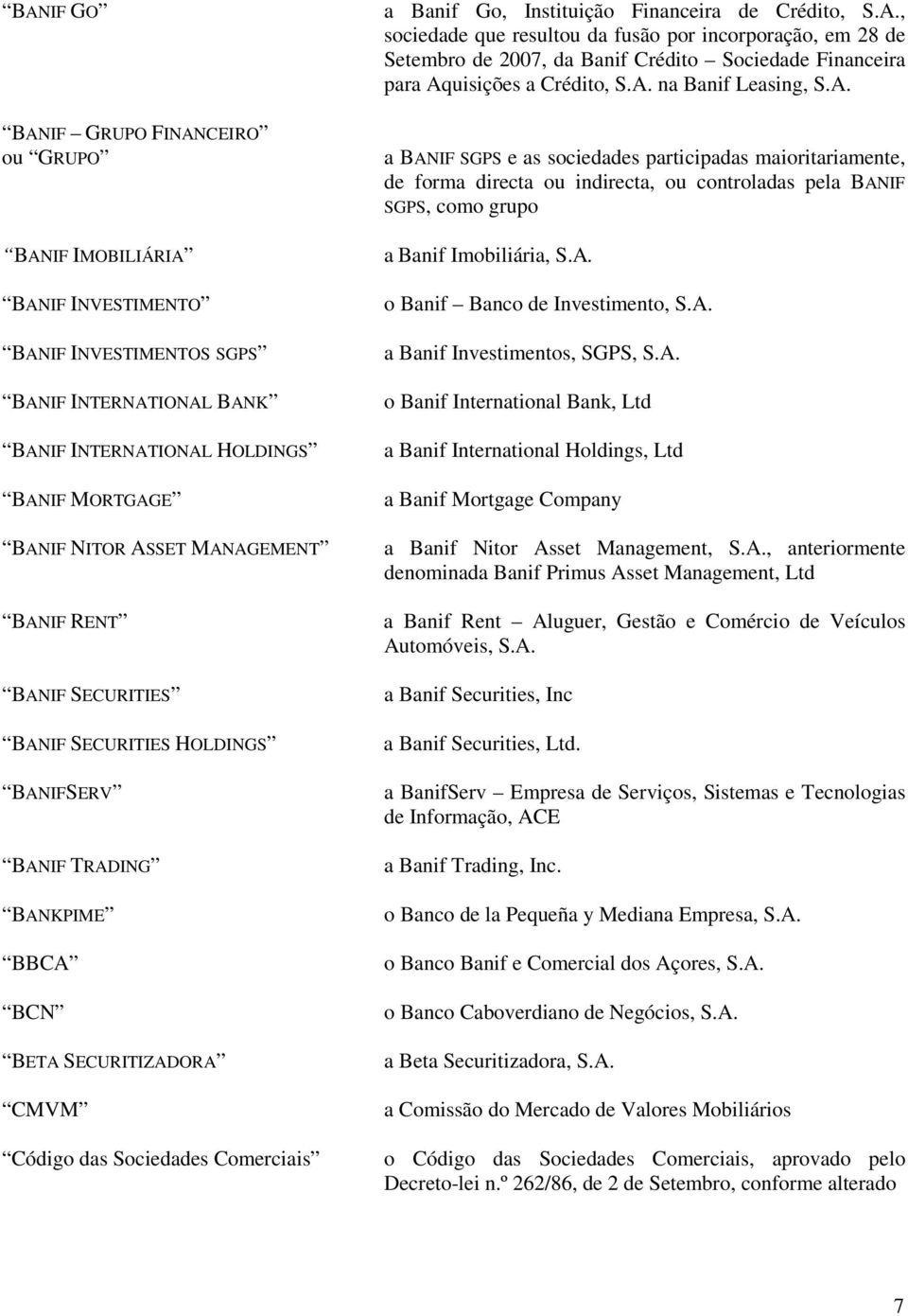 de Crédito, S.A., sociedade que resultou da fusão por incorporação, em 28 de Setembro de 2007, da Banif Crédito Sociedade Financeira para Aquisições a Crédito, S.A. na Banif Leasing, S.A. a BANIF SGPS e as sociedades participadas maioritariamente, de forma directa ou indirecta, ou controladas pela BANIF SGPS, como grupo a Banif Imobiliária, S.