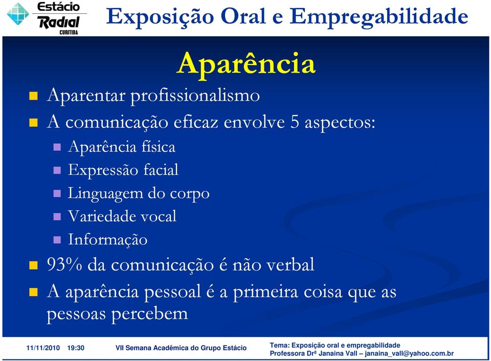 Variedade vocal Informação Aparência 93% da comunicação é não