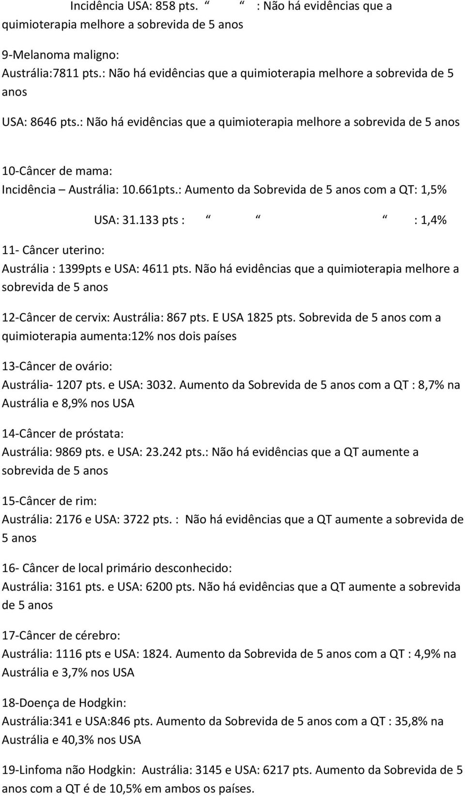 661pts.: Aumento da Sobrevida de 5 anos com a QT: 1,5% USA: 31.133 pts : : 1,4% 11- Câncer uterino: Austrália : 1399pts e USA: 4611 pts.