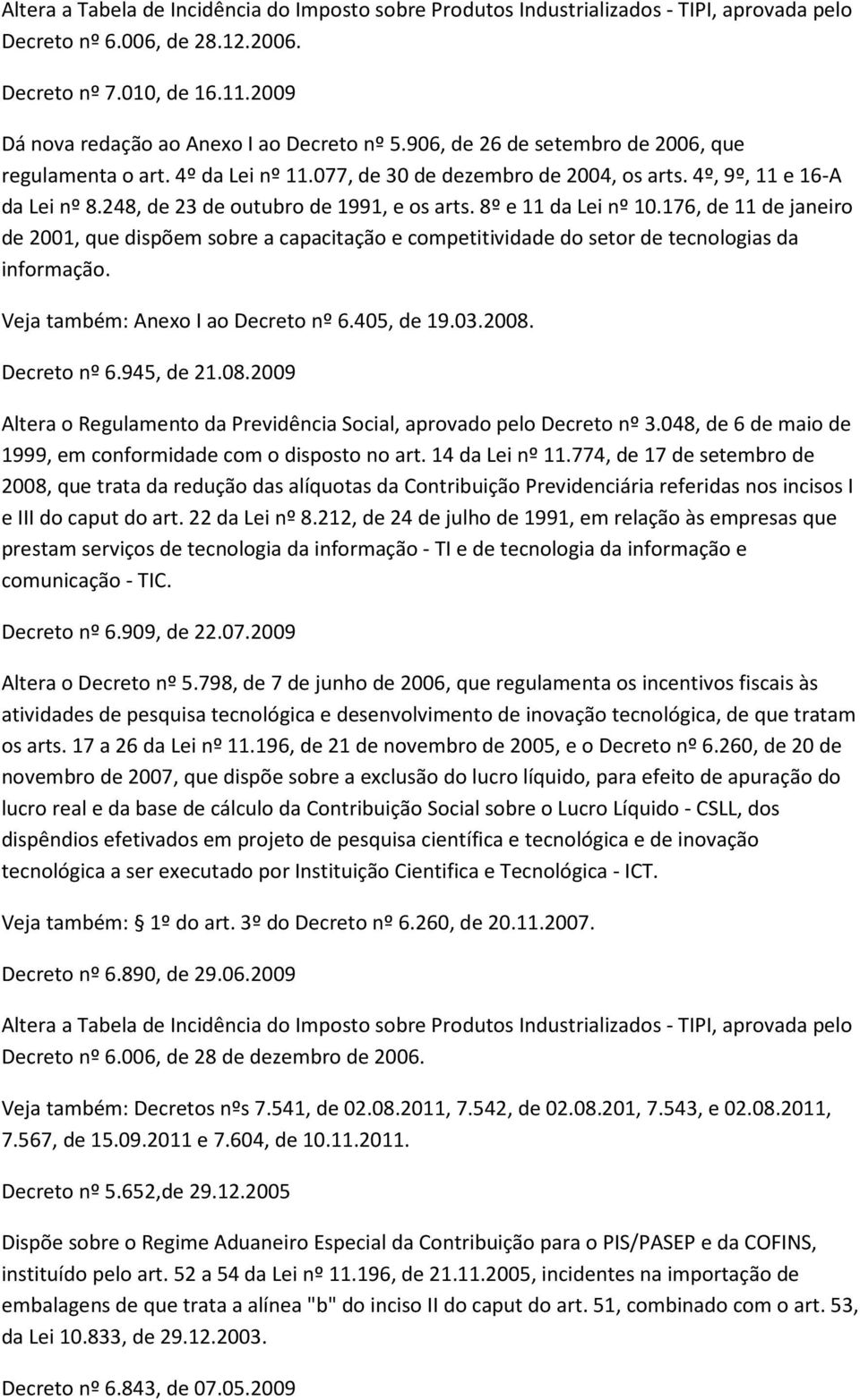 248, de 23 de outubro de 1991, e os arts. 8º e 11 da Lei nº 10.176, de 11 de janeiro de 2001, que dispõem sobre a capacitação e competitividade do setor de tecnologias da informação.