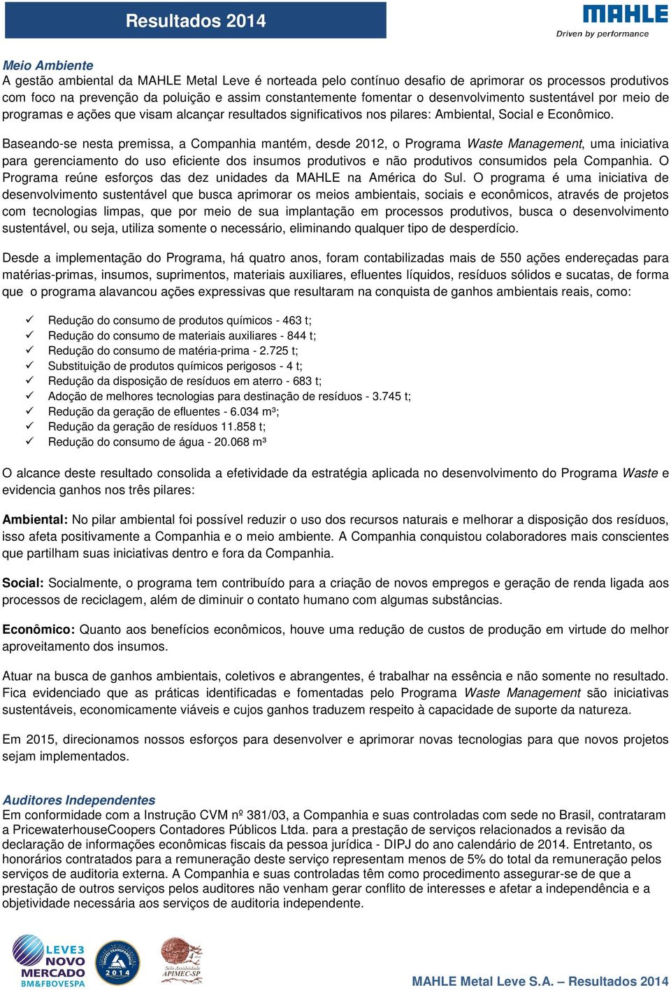 Baseando-se nesta premissa, a Companhia mantém, desde 2012, o Programa Waste Management, uma iniciativa para gerenciamento do uso eficiente dos insumos produtivos e não produtivos consumidos pela