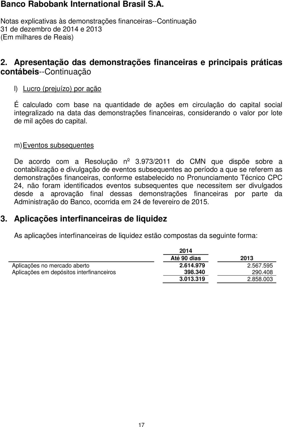 973/2011 do CMN que dispõe sobre a contabilização e divulgação de eventos subsequentes ao período a que se referem as demonstrações financeiras, conforme estabelecido no Pronunciamento Técnico CPC