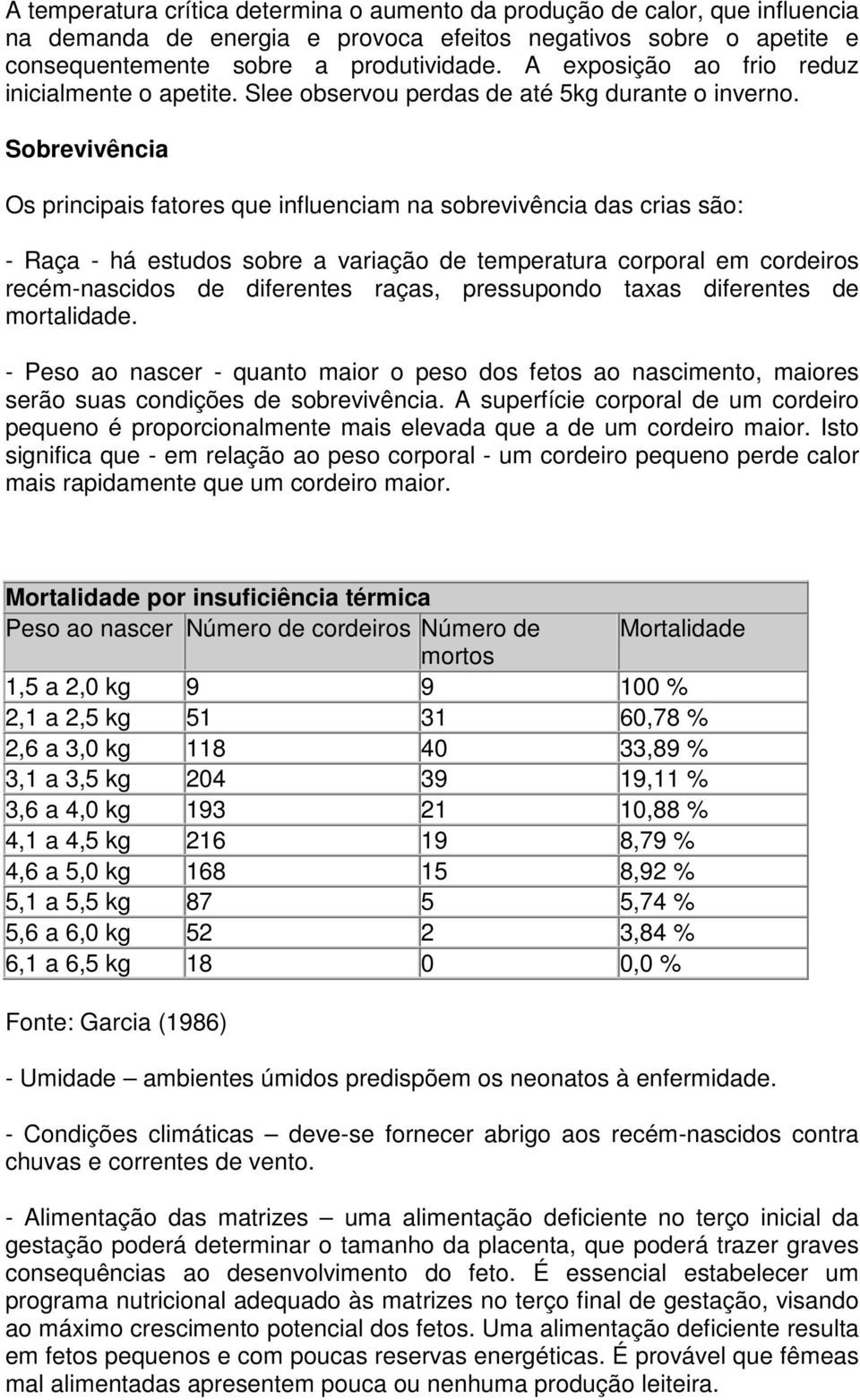 Sobrevivência Os principais fatores que influenciam na sobrevivência das crias são: - Raça - há estudos sobre a variação de temperatura corporal em cordeiros recém-nascidos de diferentes raças,