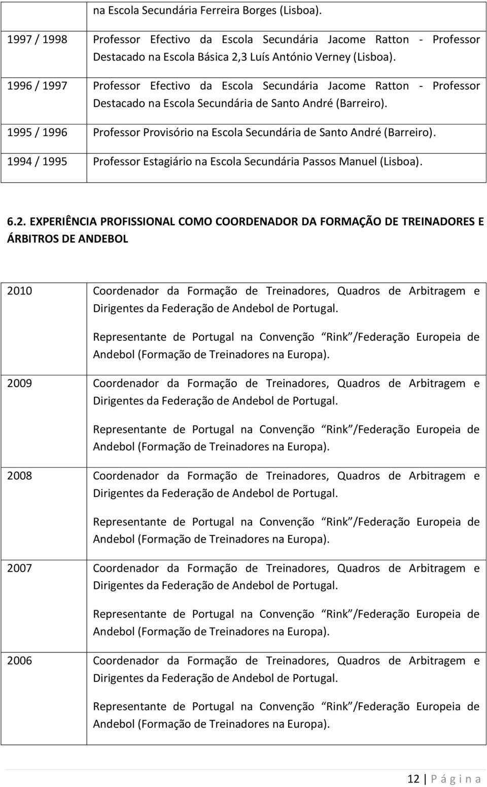 1995 / 1996 Professor Provisório na Escola Secundária de Santo André (Barreiro). 1994 / 1995 Professor Estagiário na Escola Secundária Passos Manuel (Lisboa). 6.2.