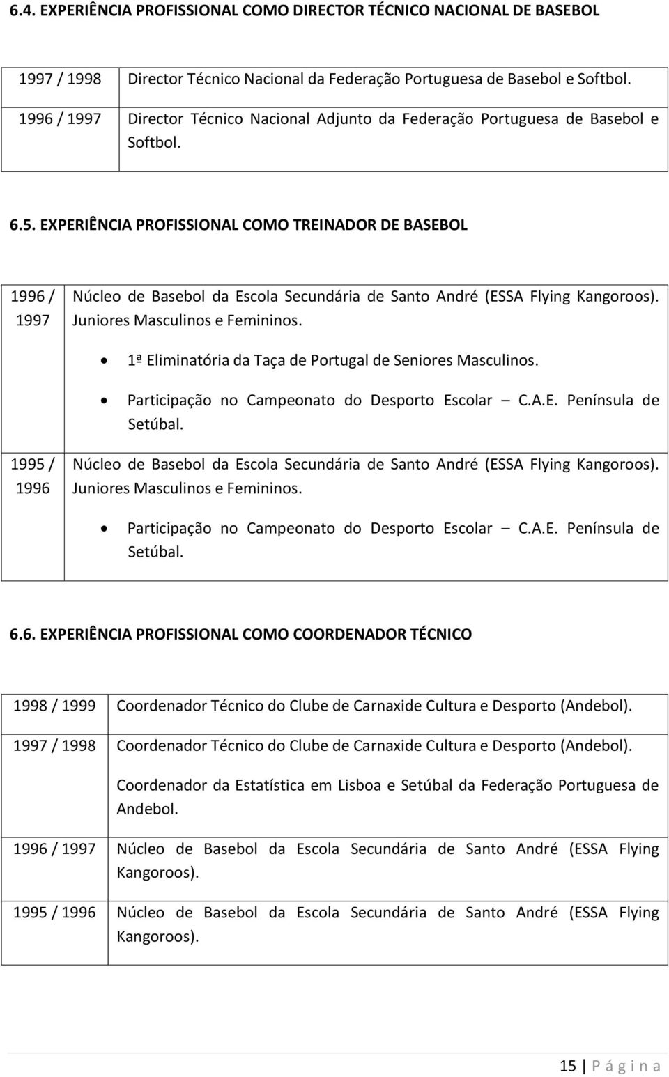 EXPERIÊNCIA PROFISSIONAL COMO TREINADOR DE BASEBOL 1996 / 1997 Núcleo de Basebol da Escola Secundária de Santo André (ESSA Flying Kangoroos). Juniores Masculinos e Femininos.