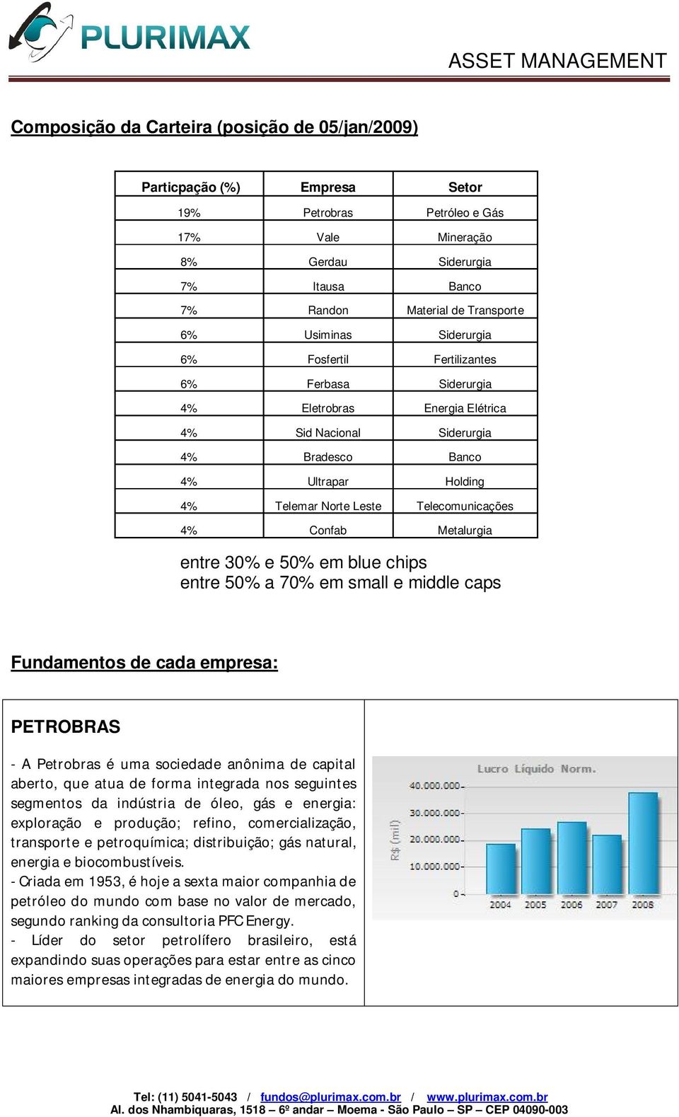 Telecomunicações 4% Confab Metalurgia entre 30% e 50% em blue chips entre 50% a 70% em small e middle caps Fundamentos de cada empresa: PETROBRAS - A Petrobras é uma sociedade anônima de capital