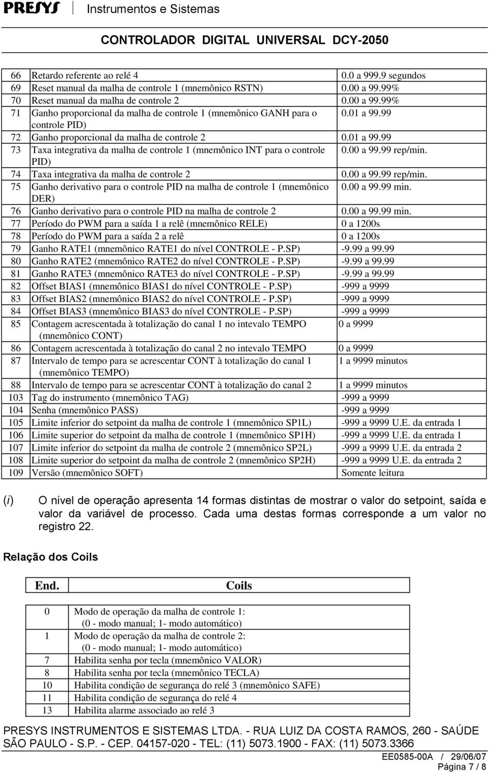 PID) 74 Taxa integrativa da malha de controle 2 0.00 a 99.99 rep/min. 75 Ganho derivativo para o controle PID na malha de controle 1 (mnemônico 0.00 a 99.99 min.