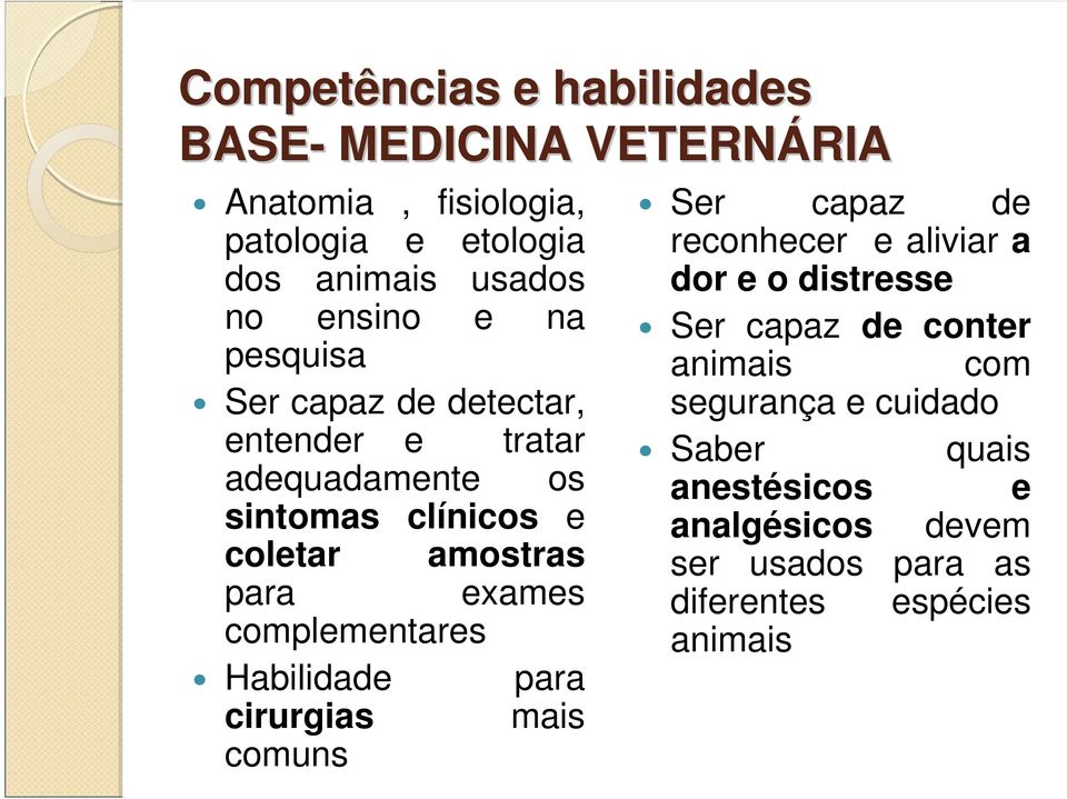 exames complementares Habilidade para cirurgias mais comuns Ser capaz de reconhecer e aliviar a dor e o distresse Ser capaz