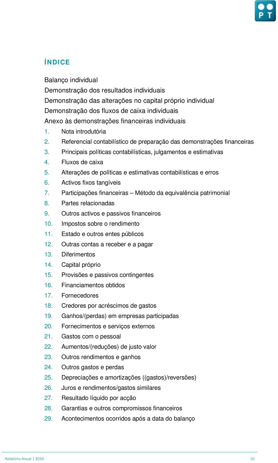 Fluxos de caixa 5. Alterações de políticas e estimativas contabilísticas e erros 6. Activos fixos tangíveis 7. Participações financeiras Método da equivalência patrimonial 8. Partes relacionadas 9.