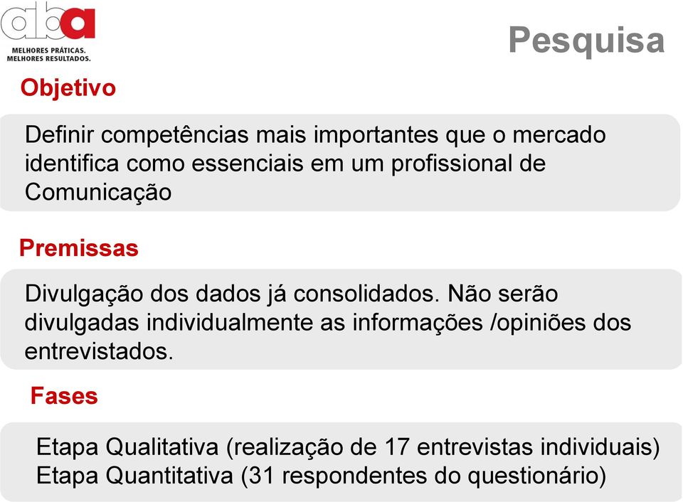 Não serão divulgadas individualmente as informações /opiniões dos entrevistados.