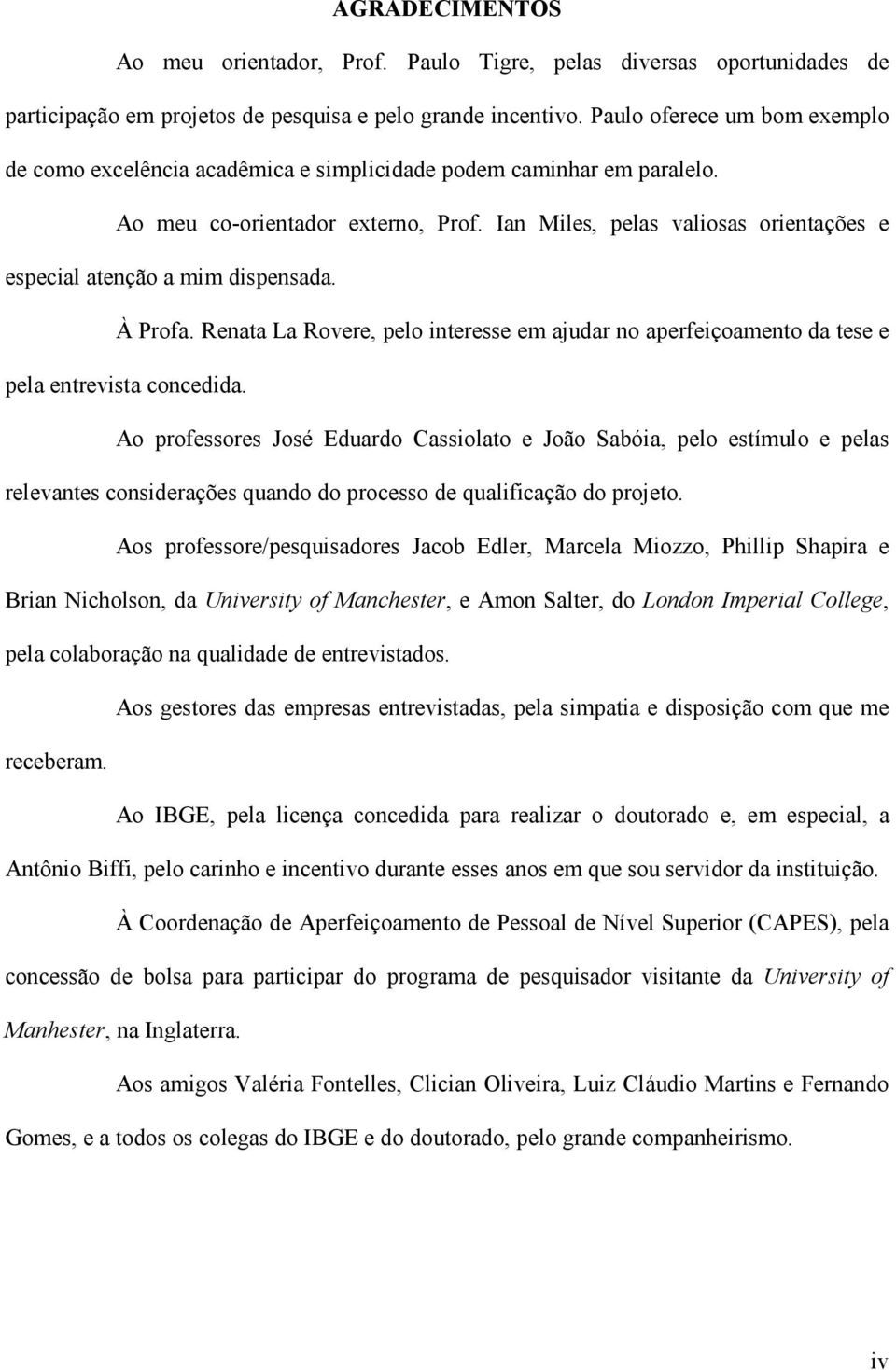 Ian Miles, pelas valiosas orientações e especial atenção a mim dispensada. À Profa. Renata La Rovere, pelo interesse em ajudar no aperfeiçoamento da tese e pela entrevista concedida.