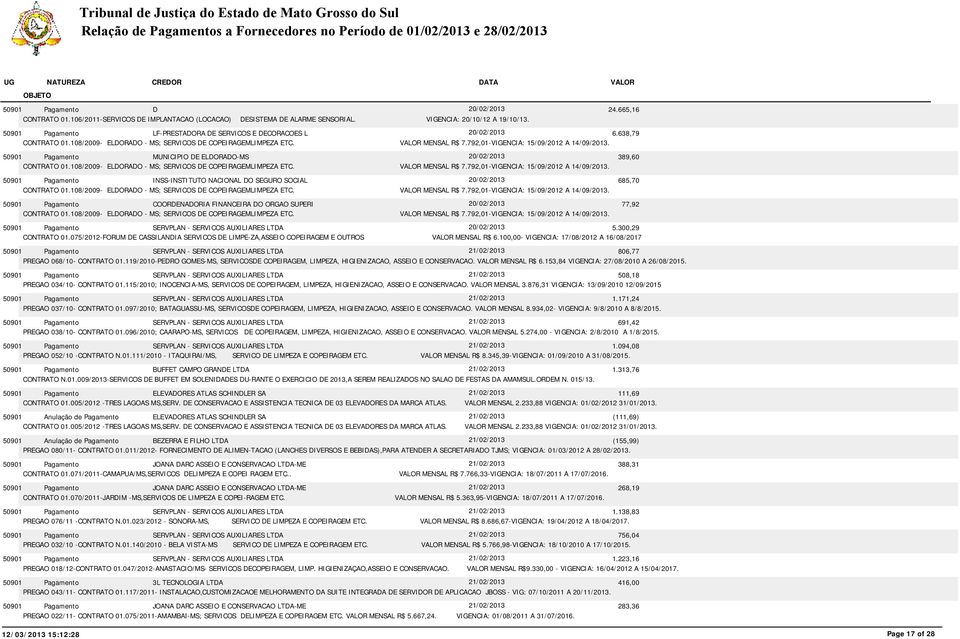 108/2009- ELDORADO - MS; SERVICOS DE COPEIRAGEMLIMPEZA ETC. MENSAL R$ 7.792,01-VIGENCIA: 15/09/2012 A 14/09/2013. 685,70 CONTRATO 01.108/2009- ELDORADO - MS; SERVICOS DE COPEIRAGEMLIMPEZA ETC. MENSAL R$ 7.792,01-VIGENCIA: 15/09/2012 A 14/09/2013. COORDENADORIA FINANCEIRA DO ORGAO SUPERI 20/02/2013 77,92 CONTRATO 01.