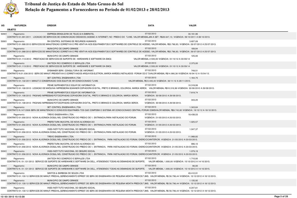 088/2012-SERVICOS DE MANUTENCAO CORRETIVA E PRE-VENTIVA AOS EQUIPAMENTOS E SOFTWARES DE CONTROLE DE ACESSO, MENSAL R$3.796,93; VIGENCIA: 26/07/2012 A 25/07/2013.