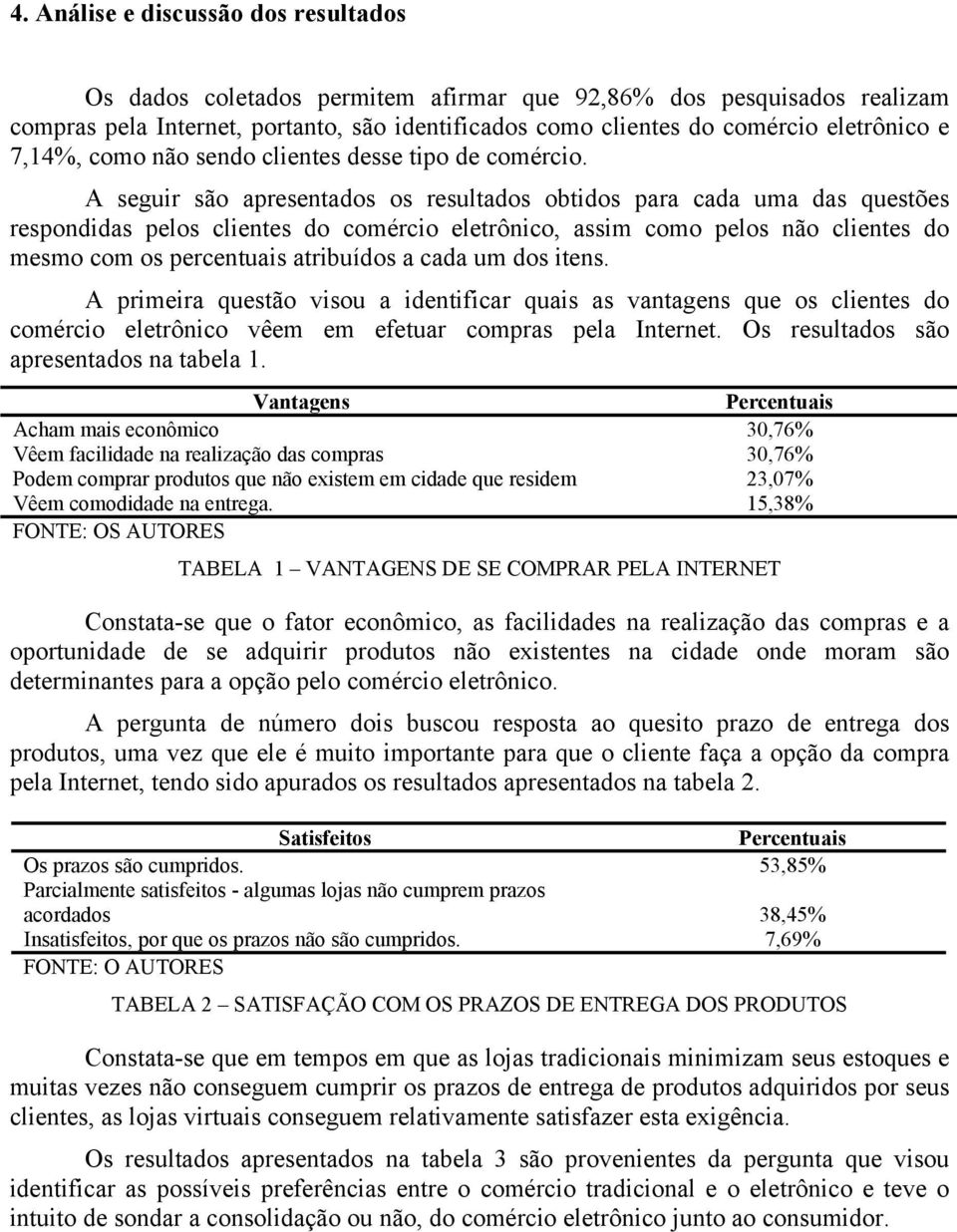 A seguir são apresentados os resultados obtidos para cada uma das questões respondidas pelos clientes do comércio eletrônico, assim como pelos não clientes do mesmo com os percentuais atribuídos a