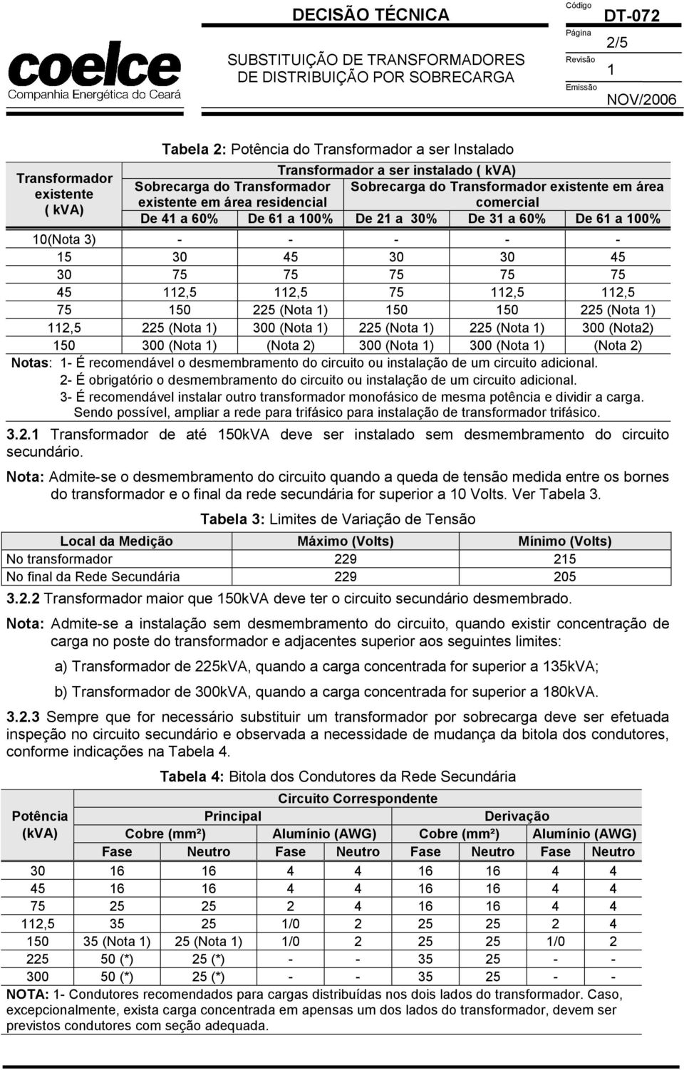 225 (Nota ) 2,5 225 (Nota ) 300 (Nota ) 225 (Nota ) 225 (Nota ) 300 (Nota2) 50 300 (Nota ) (Nota 2) 300 (Nota ) 300 (Nota ) (Nota 2) Notas: - É recomendável o desmembramento do circuito ou instalação