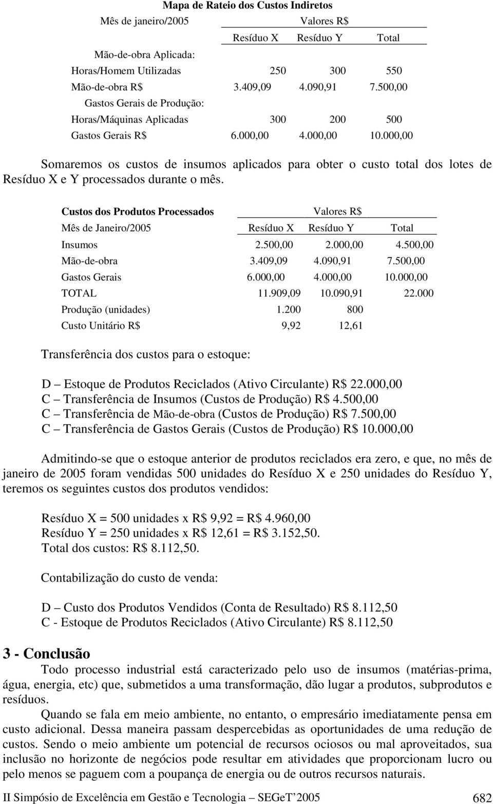 000,00 Somaremos os custos de insumos aplicados para obter o custo total dos lotes de Resíduo X e Y processados durante o mês.