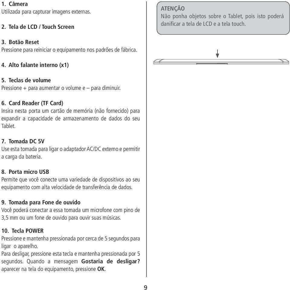 Card Reader (TF Card) Insira nesta porta um cartão de memória (não fornecido) para expandir a capacidade de armazenamento de dados do seu Tablet. 7.
